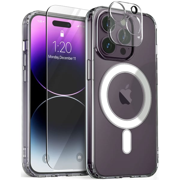 VRS Design Crystal Mixx Magnetic designed for iPhone 14 PRO case cover compatible with MagSafe with Tempered Glass Screen Protector and Camera Lens Protector - Clear