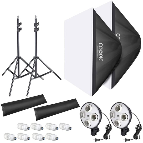 Coopic Kt-1301 Rectangle Softbox Lighting Kit With 2pcs 50x70cm Softbox, 2pcs E27 Bulb Holder, 8pcs 45w Bulbs, 2pcs 200cm Light Stand For Photo Studio Equipment Set