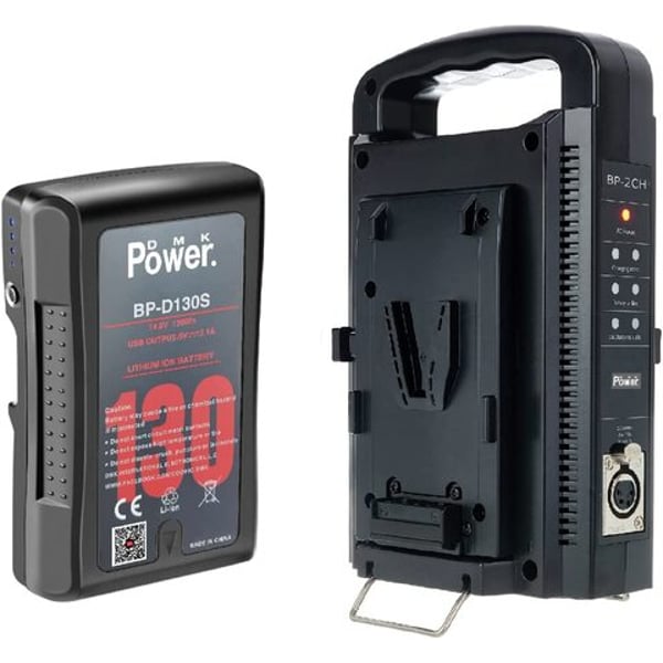 DMK Power BP-D130S V Mount/V Lock Battery with BP-2CH V Mount V Lock Double Sided Quick Battery Charger and 3 PIN Cable