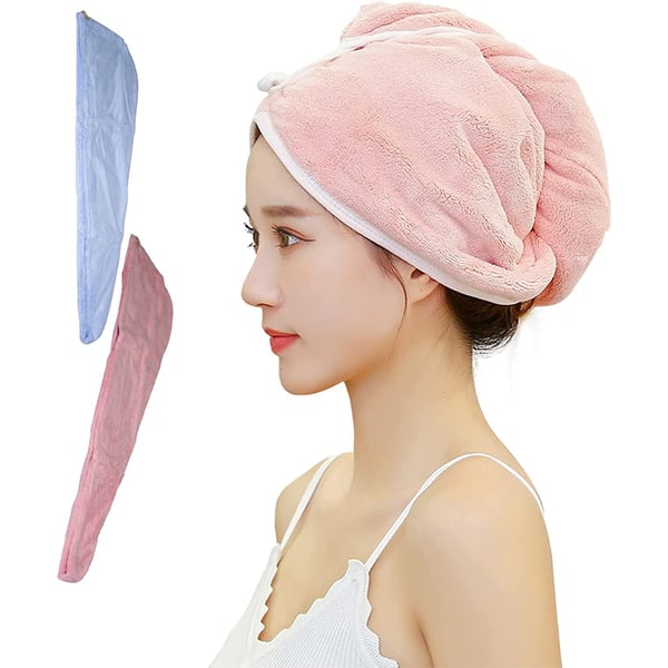 Lavish Hair Drying Towel Set 2 Pack,soft Water Absorbent Hair Towel Wrap Turban Microfiber Bath Towel With Button,dry Hair Cap For Curly Hair Women Girls (pink&blue)