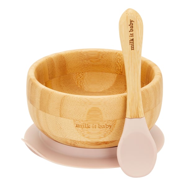 Milk It Baby, MI-BAMBDP004 Bamboo Suction Baby Bowl & Spoon Set, Dusty Pink Milk It Baby, MI-BAMBDP004 Bamboo Suction Baby Bowl & Spoon Set, Dusty Pink