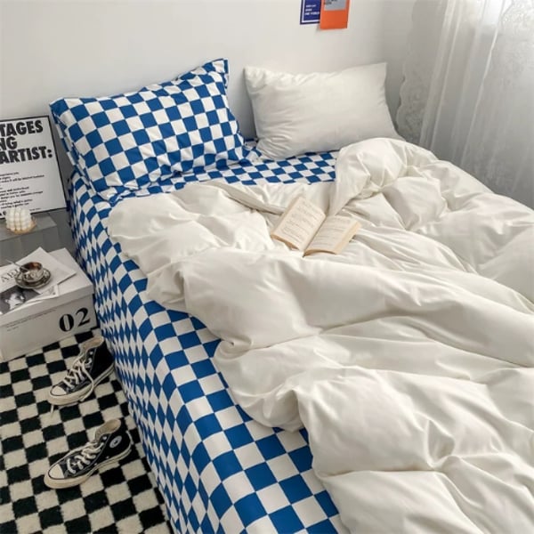 Luna Home King Size 6 Pieces Bedding Set Without Filler, Off White Color And Blue Checkered Design