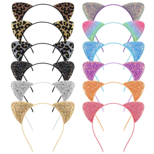 FRCOLOR Cat Ears Headband, Glitter Sequin Ear Headbands Metal Hair Hoops For Daily Party, 2Pack