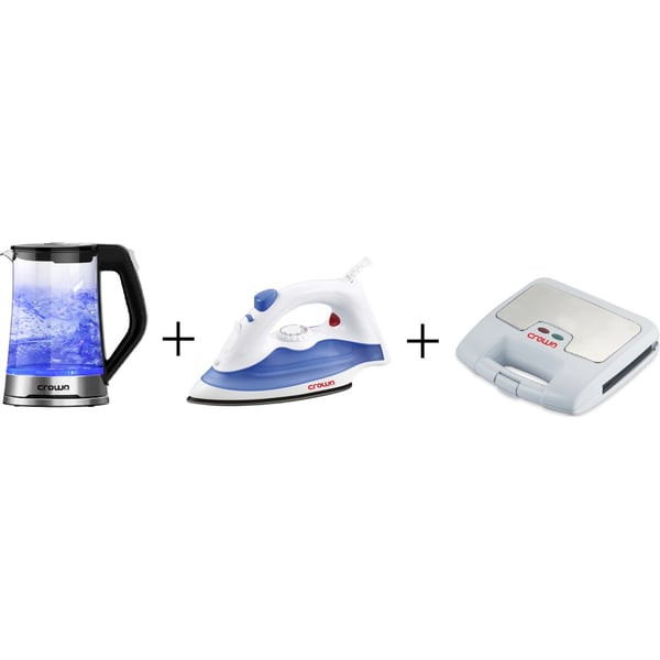 Crownline KT158 Kettle + CL118 Steam Iron + CL114 Sandwich Maker Crownline KT158 Kettle + CL118 Steam Iron + CL114 Sandwich Maker
