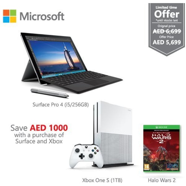 Microsoft Surface Pro 4 Tablet - Windows 10 Core i5 8GB 256GB 12.3 Inch Silver + QC700155 Keyboard + 23400015 Xbox One S Console 1TB + 23400141 Xbox One Halo Wars 2 Game