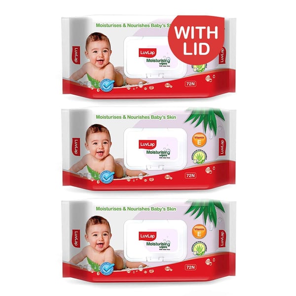 LuvLap Paraben Free Baby Wipes with Aloe Vera, with Fliptop Lid (72 Wipes/Pack) (Pack of 3)