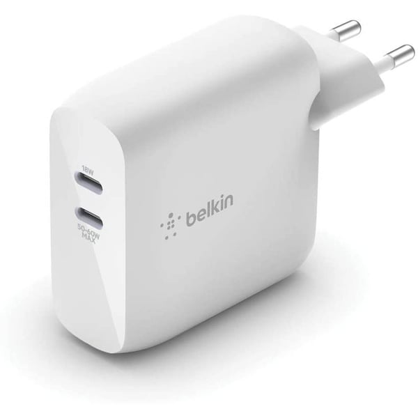 Belkin Dual Usb-c Pd Gan Wall Charger 63w Eu, Fast Charge Lightweight & Compact Home Charger Compatible For Samsung, Macbook Pro, Macbook Air, Ipad Pro, Iphone - White