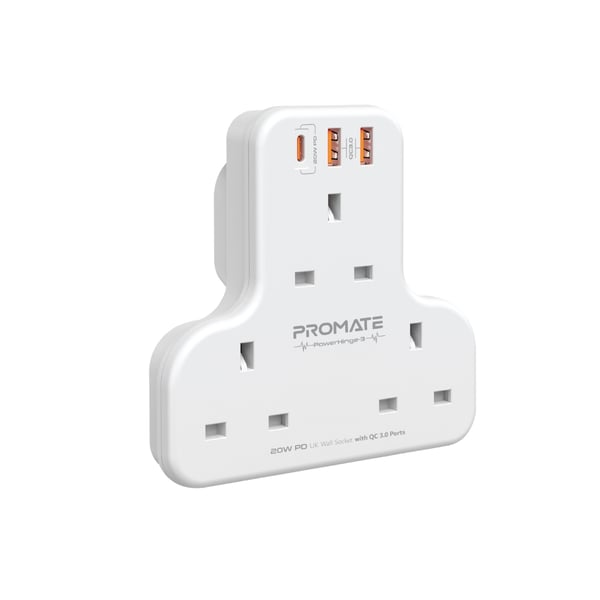 Promate Power Strip with 3250W 3 AC Outlets, 20W USB-C PD Port and Dual 20W QC 3.0 Ports, PowerHinge-3 White