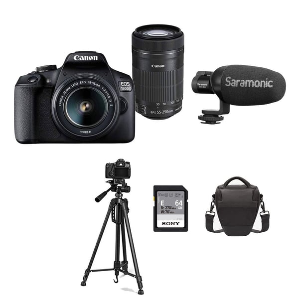Canon EOS 1500D 24.1MP Digital SLR Camera (Black) with 18-55 and 55-250mm IS II Lens + Saramonic VIMIC Mini + Sony SF-E64 Memory Card + Camera Bag+ Tripod