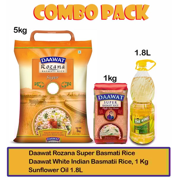Daawat Rozana Super Basmati Rice 5Kg + White Indian Basmatii Rice, 1 Kg + Sunflower Oil 1.8L