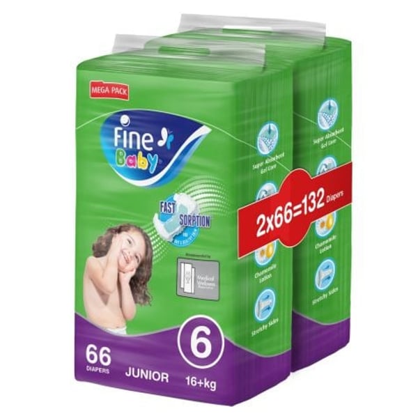 Fine Baby Diapers, Size 6, Junior 16+ Kg, Mega Pack, Packs Of 2x66 Diapers