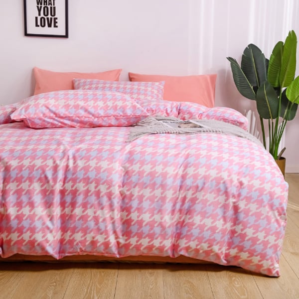 Luna Home Single Size 4 Pieces Bedding Set Without Filler, Checkered Design Pink Color