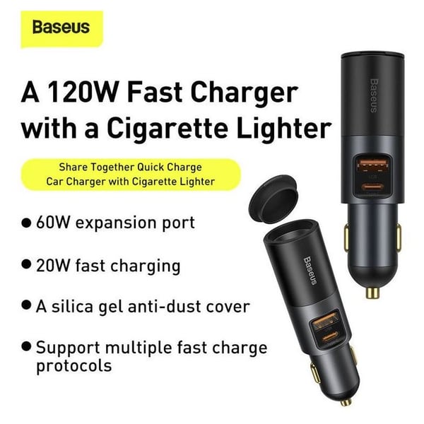 Baseus 120w Share Together Fast Charging Car Charger USB+ Type-C with Cigarette Lighter Expansion