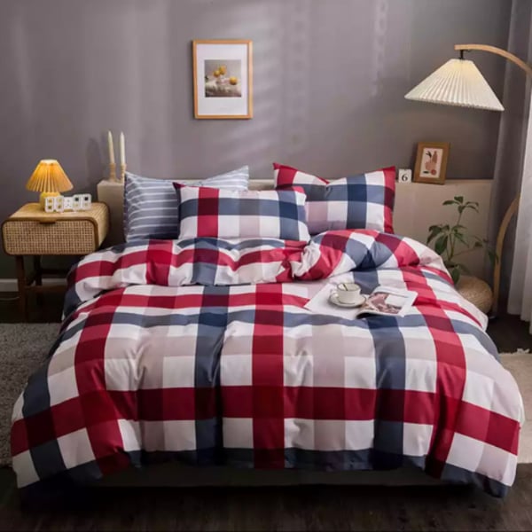 Luna Home King Size 6 Pieces Bedding Set Without Filler, Red And Blue Color Checkered Design
