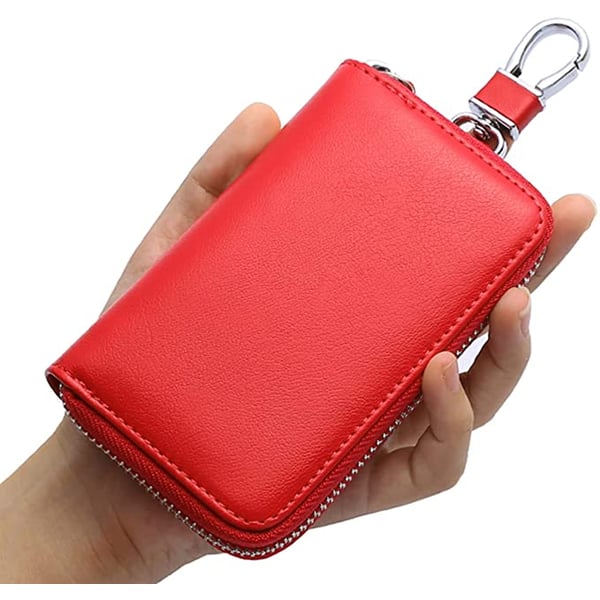 Nalanda Men's Women's Leather Car Key Holder Bag Keychain Case Wallet With Keyring Hooks Zipper Closure For Keys Car Remote Key (red)