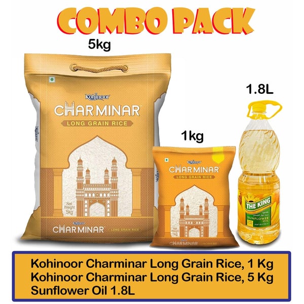 Kohinoor Charminar Long Grain Rice, 5 Kg + 1Kg + Sunflower Oil 1.8L