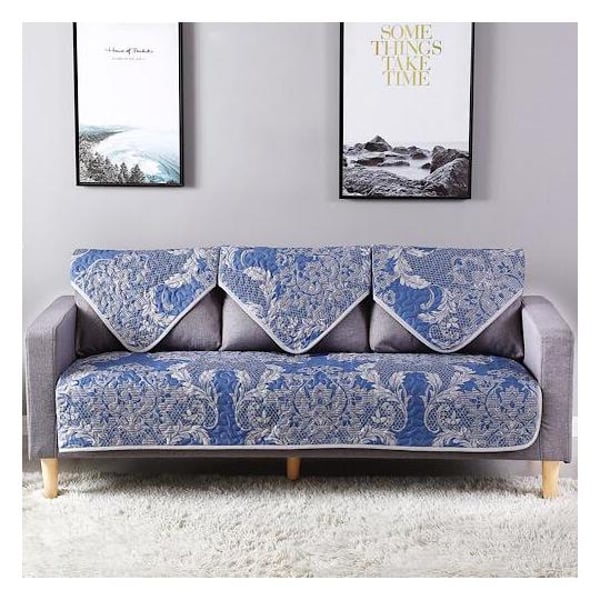 Two Seater Reversible Sofa Cover, Blue Boho Chic Design