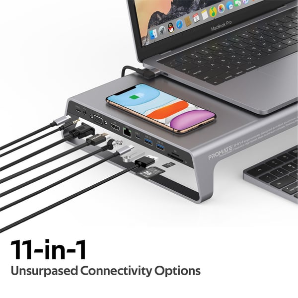 Promate Laptop Stand with 87W USB-C PD, Qi Charger, 4K HDMI, RJ45, 2 USB, VGA, Aux, SD/TF, PowerDesk