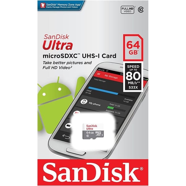 Sandisk Ultra microSDHC Memory Card 64GB White/Grey SDSQUNR-064G-GN3MN