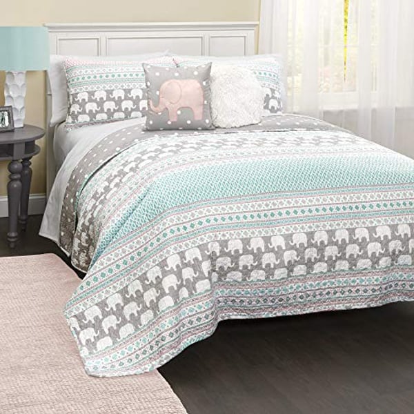 Lush Decor Elephant Striped Quilt Reversible 5 Piece Kids Bedding Set, Twin, Pink & Turquoise