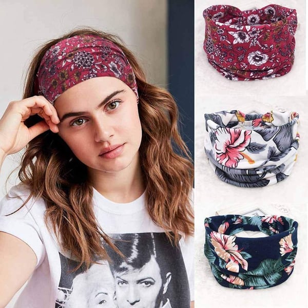 Catery Boho Headbands Vintage Flower Printed Head Wrap Criss Cross Elastic Hairband Fashion Hair Accessories For Women And Girls - Pack Of 3