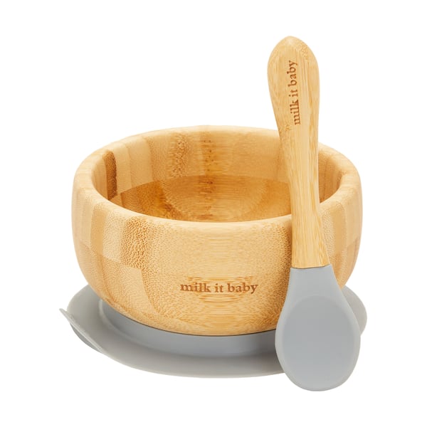 Milk It Baby, MI-BAMBBB003 Bamboo Suction Baby Bowl & Spoon Set, Berry Blue Milk It Baby, MI-BAMBBB003 Bamboo Suction Baby Bowl & Spoon Set, Berry Blue