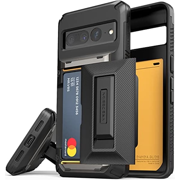 VRS Design Damda Glide Hybrid designed for Google Pixel 7 PRO case cover wallet [Semi Automatic] slider Credit card holder Slot [3-4 cards] & Kickstand - Black Groove