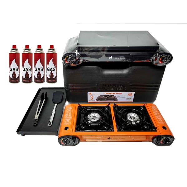 Al Saqer-double Burner Butane Camping Stove With Bbq Grill Hotplate Burger Tray,bbq Tools And 4 Peice Of Butane Gas Catridge .