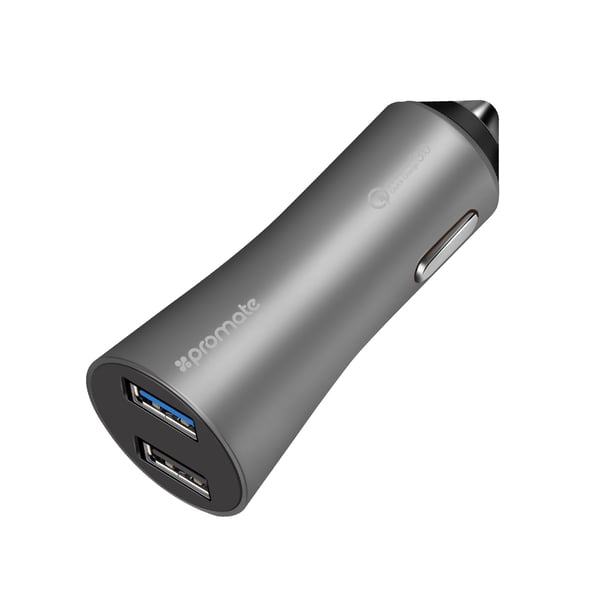Promate Car Charger with Qualcomm Quick Charge 3.0 Dual USB Port, Robust-QC3 Grey