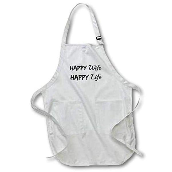 3Drose Apr_200670_2 Happy Wife Happy Life Black Letters On White Background Medium Length Apron With Pouch Pockets, 22 By 24-Inch