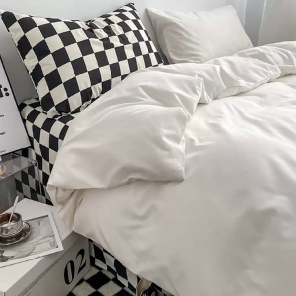 Luna Home King Size 6 Pieces Bedding Set Without Filler, Plain White And Black Checkered Design