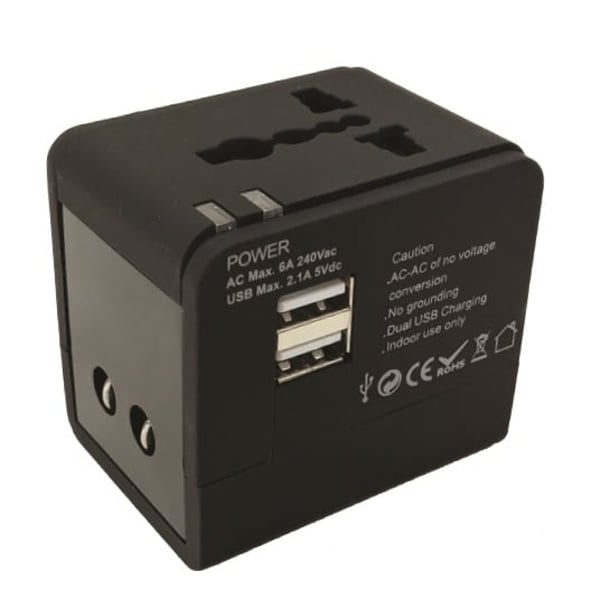 Eklasse Universal Travel Adapter With 2xUSB 5V/2.1A Black EKTA2U03XM