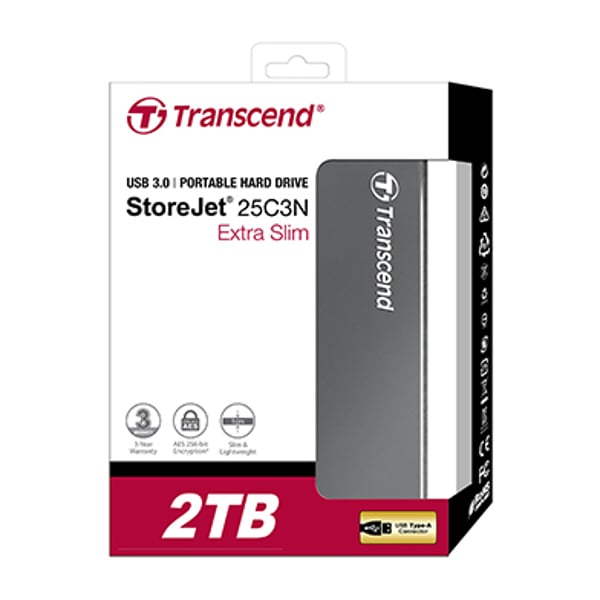 Transcend StoreJet Extra Slim Portable Hard Drive 2TB Aluminium TS2TSJ25C3N Transcend StoreJet Extra Slim Portable Hard Drive 2TB Aluminium TS2TSJ25C3N