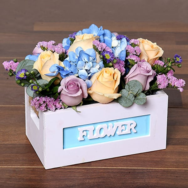 Blissful Roses & Hydrangea Arrangement in a Box Blissful Roses & Hydrangea Arrangement in a Box