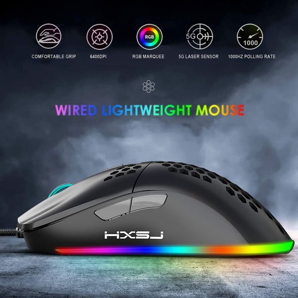 HXSJ J900 Wired RGB Gaming Mouse with 6 Adjustable DPI, Black