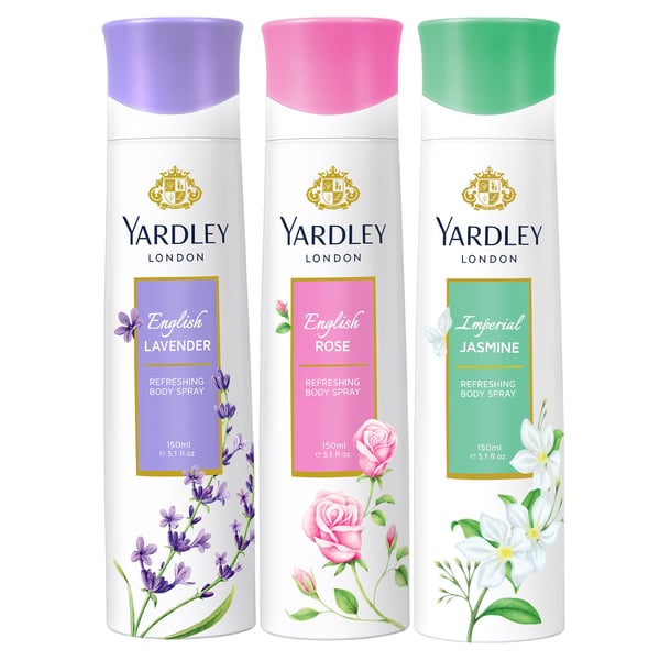 Yardley Body Spray 2+1 Assorted (3X150Ml)-English Lavender+English Rose+ImperialJasmine