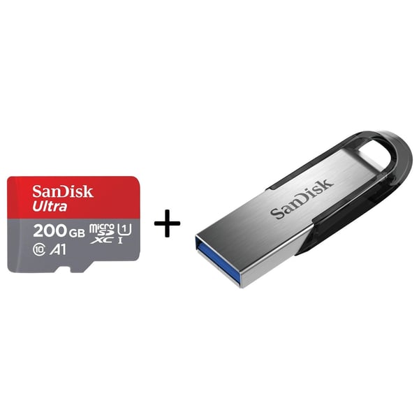 Sandisk Ultra A1 Micro SD Card 200GB With Adapter SDSQUAR200GGN6MA + Ultra Flair USB 3.0 Flash Drive 64GB SDCZ73064GG46