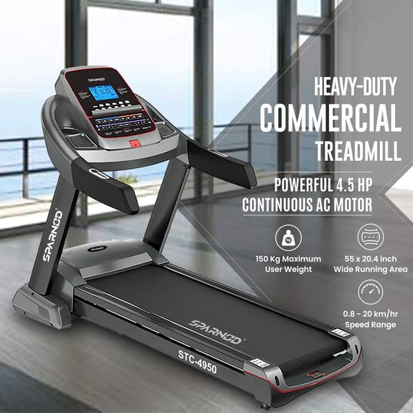 Sparnod Fitness Semi-Commercial Treadmill - Automatic Motorized Walking & Running Machine for Home Use - Foldable, Auto Incline- STC-4950 (4.5 HP AC Motor) Sparnod Fitness Semi-Commercial Treadmill - Automatic Motorized Walking & Running Machine for Home Use - Foldable, Auto Incline- STC-4950 (4.5 HP AC Motor)