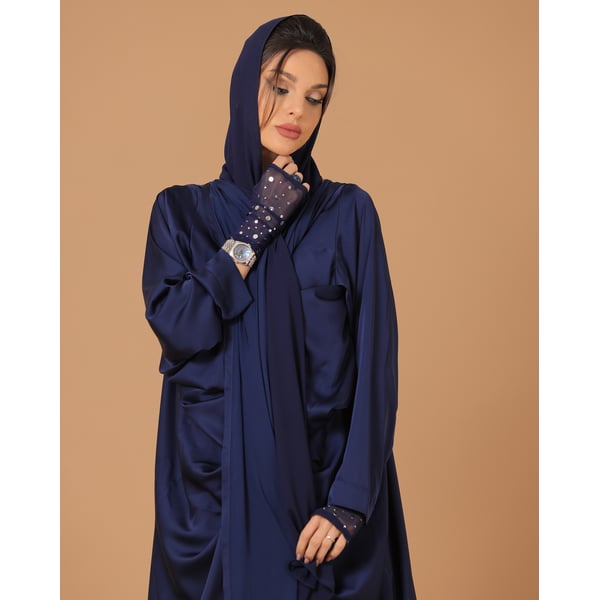 Pure Silk Navy Blue Pleated Sleeves Abaya