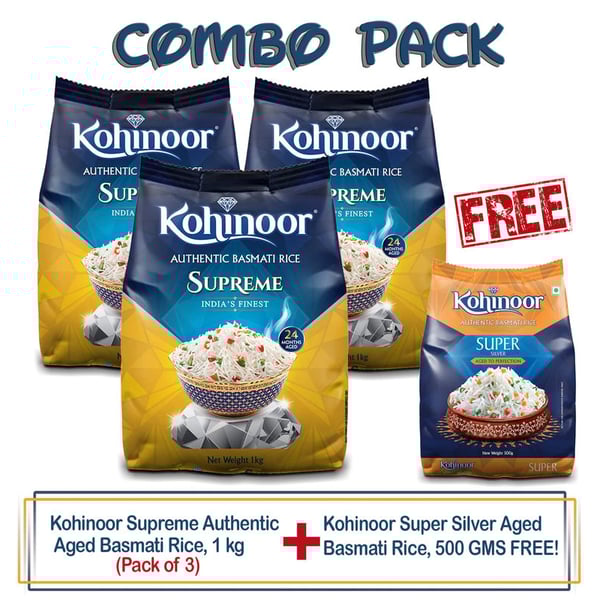 Kohinoor Supreme Authentic Aged Basmati Rice, 1 kg (Pack of 3)+Super Silver Aged Basmati Rice, 500 GMS Free