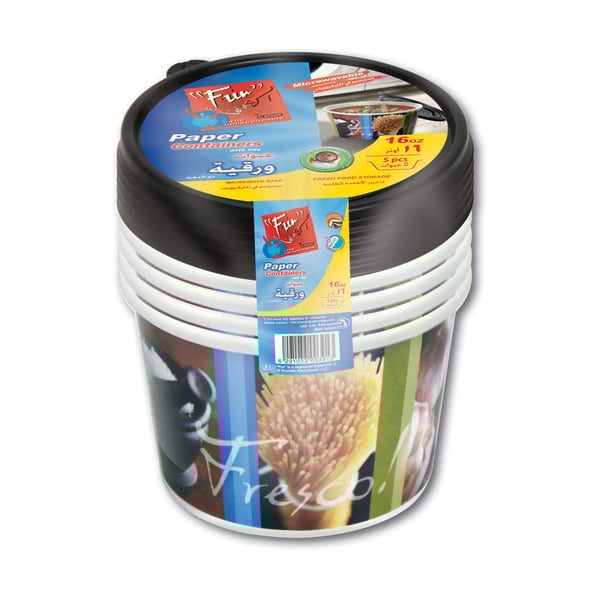Fun® Indispensable Round Paper Food Container with Lid 16oz - Printed (5 Pcs)