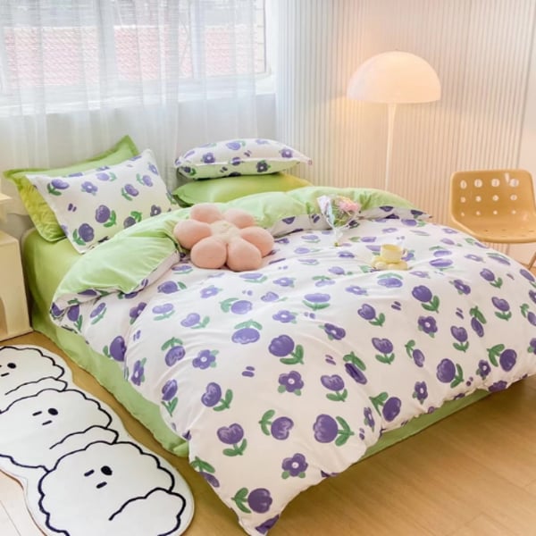 Luna Home Single Size 4 Pieces Bedding Set Without Filler, Minimalist Purple Floral Design Luna Home Single Size 4 Pieces Bedding Set Without Filler, Minimalist Purple Floral Design