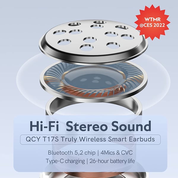 QCY T17s Hi-Fi Stereo Touch Control Low Latency True Wireless Earbuds Light Grey