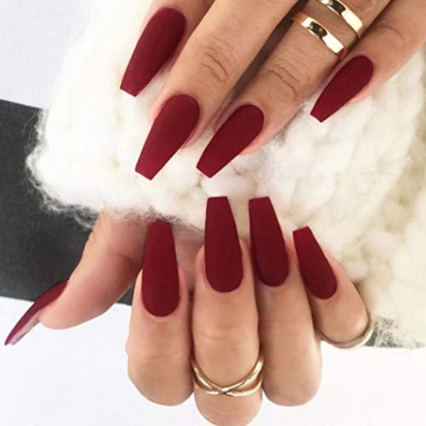 Asooll 24Pcs Matte Ballerina Long Coffin False Nails Red Pure Color Full Cover Acrylic Fake Punk Party Prom Clip Art Tips On Nail For Women And Girls