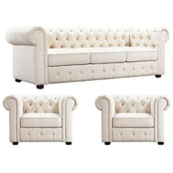 MAB - 5 Seat Chesterfield Tufted Jewel Toned Velvet Sofa with Scroll Arms, Beige MAB - 5 Seat Chesterfield Tufted Jewel Toned Velvet Sofa with Scroll Arms, Beige