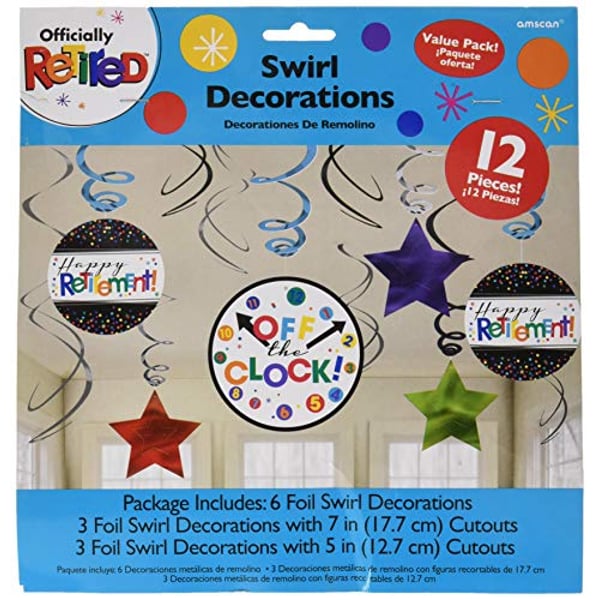 Amscan Fun-Filled Retirement Party Happy Retirement And Off The Clock! Foil Swirl Decorations, 12 Pieces, Made From Paper