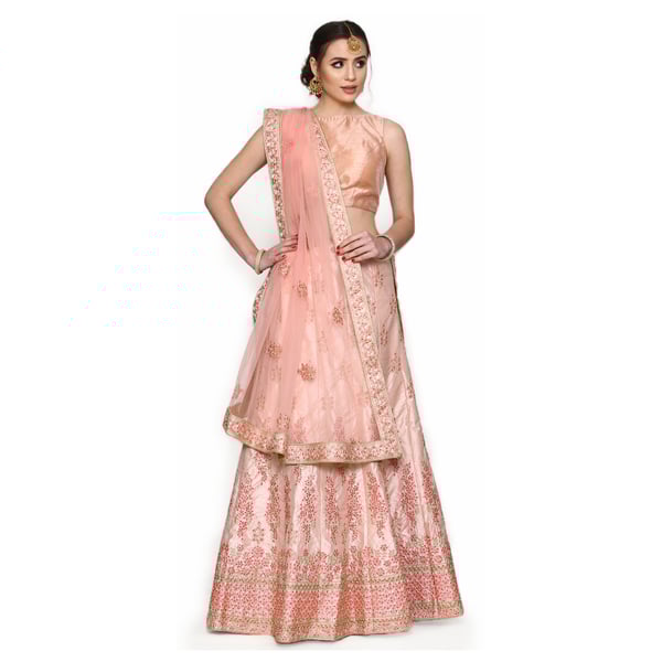Pankhudii Pink Floral Embroidered Semi-Stitched Lehenga Set Free Size