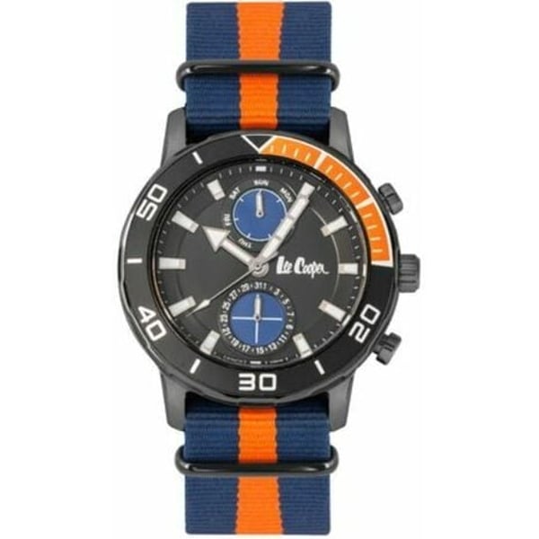 Lee Cooper, LC06926.659, Mens Analog Watch, Black Dial Multi-Function 3 Hands Blue & Orange Stripes Nylon Strap