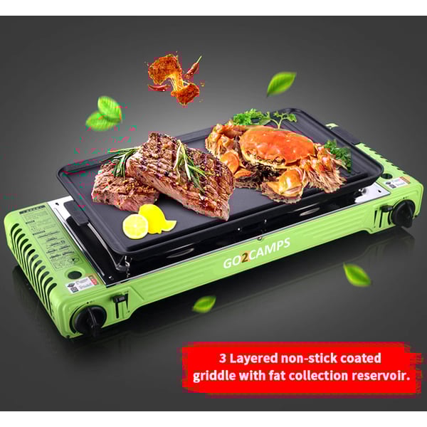 Korean Double Burner Butane Camping Stove With Bbq Grill Hotplate-burger Tray