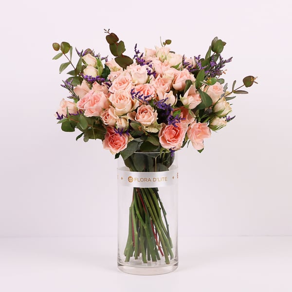 Pink Spray Roses With Fresh Eucalyptus In A Glass Vase - Fresh Flowers Vase Arrangement By Flora D'lite